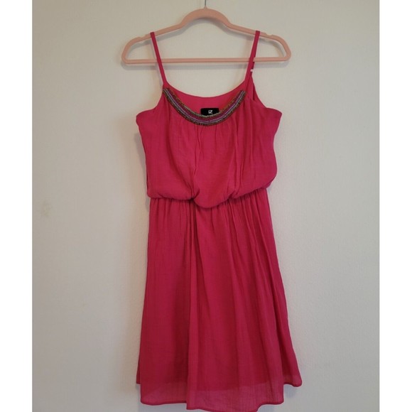 Iz Byer Womens Size M Fuchsia Pink Summer Spaghetti Strap Beaded Top Mini Dress - Picture 2 of 9